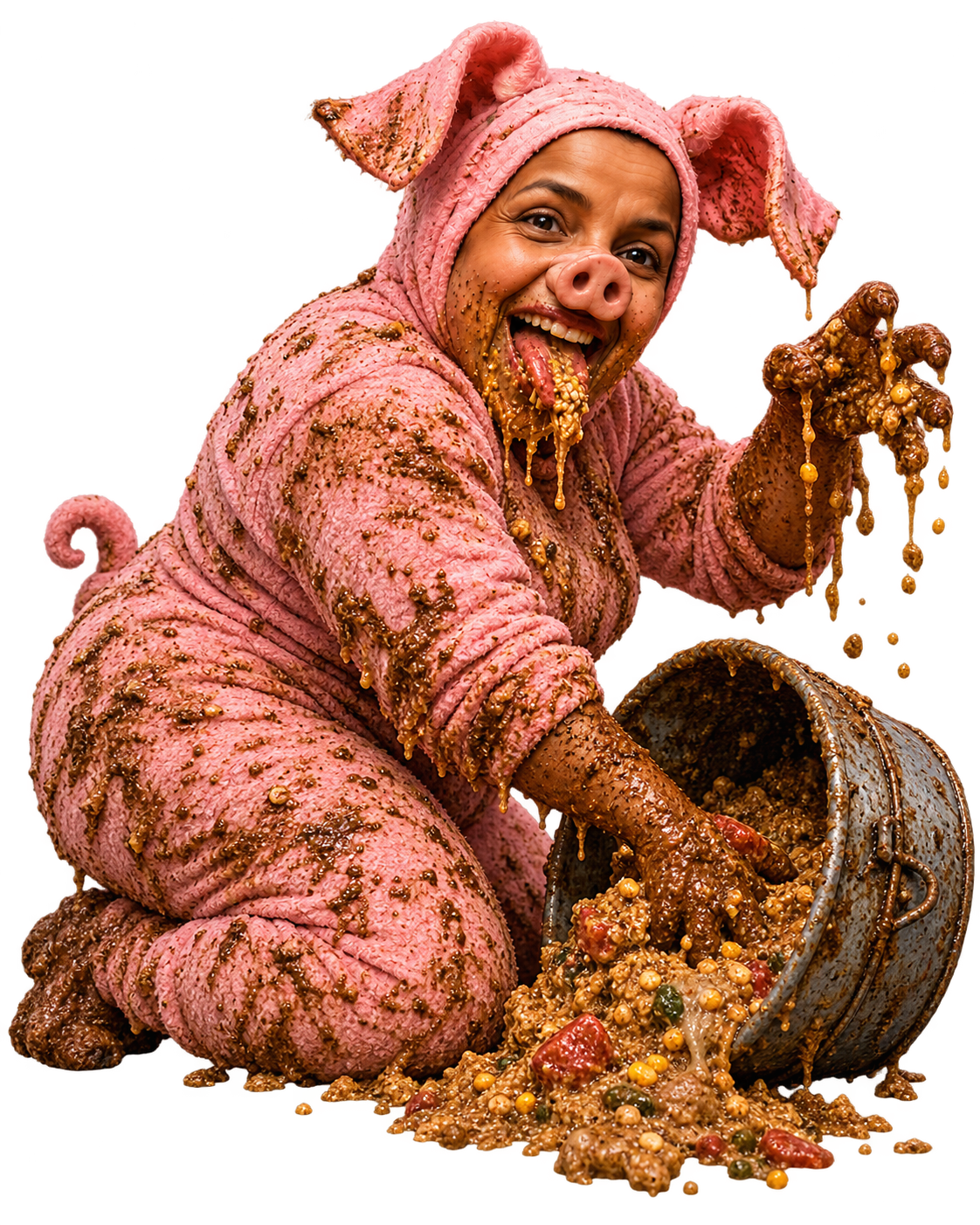 Playful pig-costumed character with a spilled bucket of food